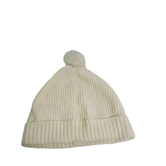 Talbots Lambswool Cream Neutral Ribbed Knit Beanie PomPom - Picture 2 of 3